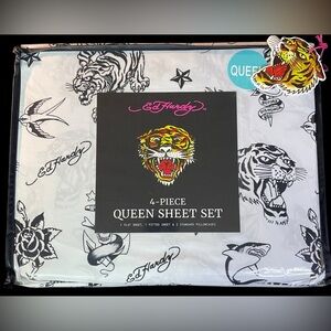 Ed Hardy Black White DP 4-pc Queen Sheet Set Tiger Skull Shark Bird Rose NEW NIP